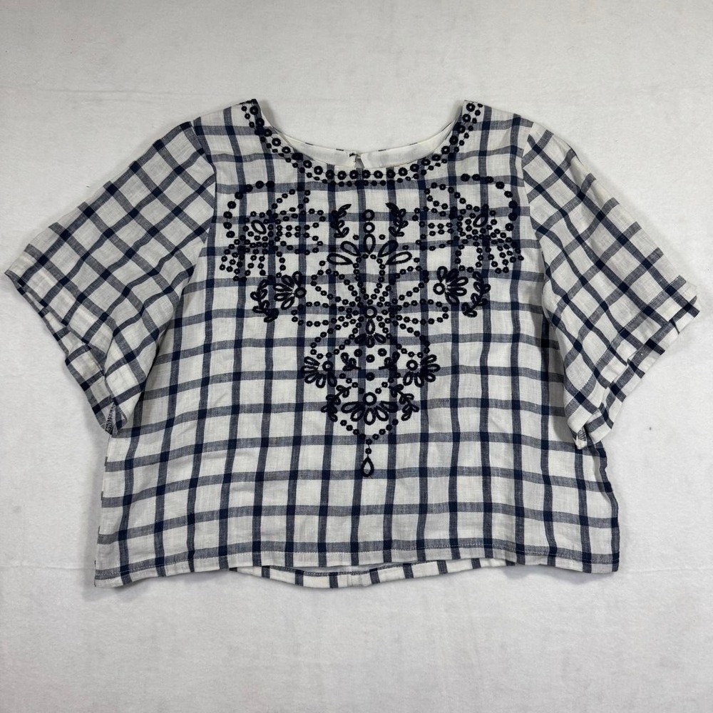 Anthropologie Moon River Short Sleeve Boxy Top Embroidered Linen Women's Medium